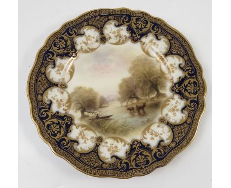 A Royal Worcester cabinet plate, hand painted with a landscape of cattle, figure fishing in a boat, water and trees by R Rush