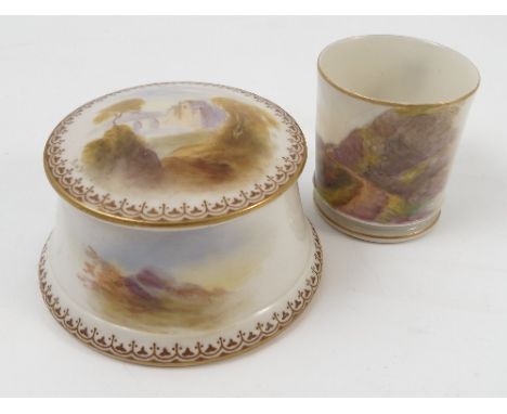 A Royal Worcester circular covered box, the cover hand painted with a castle in landscape by Rushton, with small landscapes t