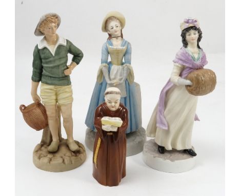 Three Royal Worcester figures, from The Hadley Collection, French Fisherboy 1886, Regency lady 1884 af, and the Gallant's lad