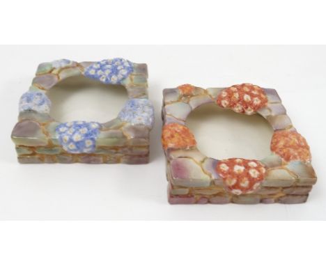 Two Royal Worcester square rock bowls, decorated in red and blue flowers to green walls, model number 3211, dated 1937 and 19