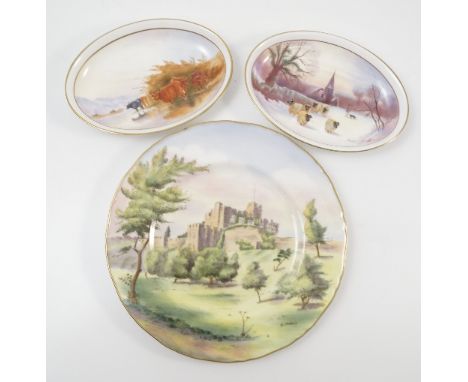 Two Royal Worcester oval dishes, hand painted with sheep in a snowy scene and cattle watering by E R Booth, maximum diameter 