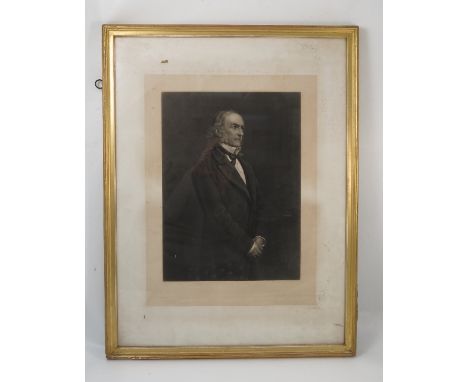 A 19th century portrait engraving, of a gentleman standing, 23ins x 17ins, bears label for Thomas Agnews to reverse
