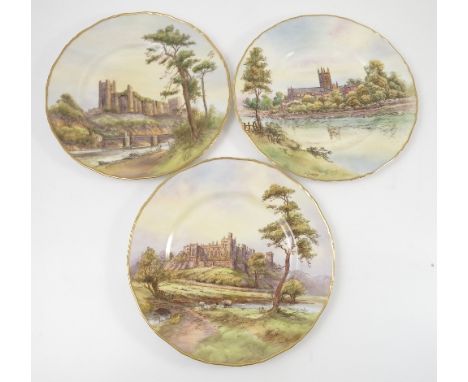 Three Royal Worcester printed painted plates, Worcester Cathedral by Sedgley, Arundel Castle by H Davis and Richmond Castle b