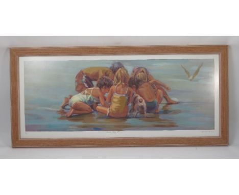 Lucelle Raad, limited edition colour print, Beach Party IV, children and a dog on a beach, signed in pencil, 13ins x 32ins