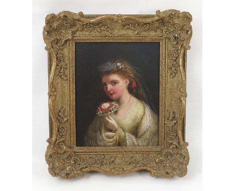 J M Bowkett, oil on board, portrait of a woman in a wedding dress with bouquet, 8.5ins x 6.75ins