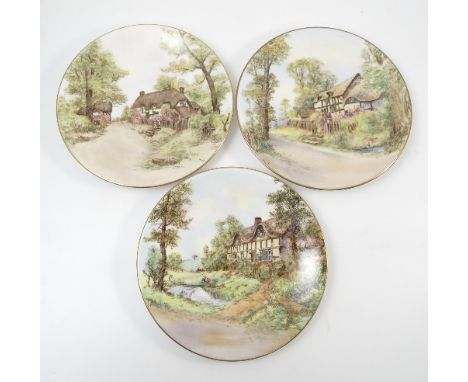 Three Royal Worcester printed painted wall plates, Wick, Fladbury and Elmley, circa 1952 and 1959, diameter 9.75ins