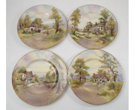 Three Royal Worcester printed painted plates, decorated with rural scenes, Elmley, Cropthorne and Offenham all by Weston, tog
