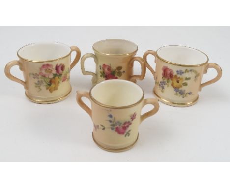 Three Royal Worcester blush ivory loving mugs, decorated with flowers, together with a Royal Worcester blush ivory miniature 