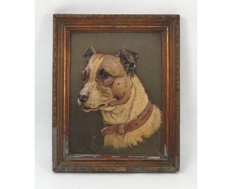 A 19th century oleograph, portrait of a dog, collar named F Plante, 11.25ins x 9ins, together with a 19th century embossed pr