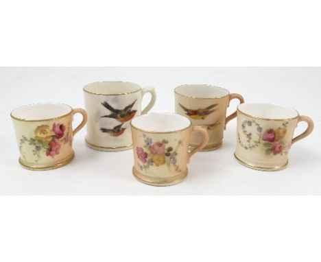 Five Royal Worcester blush ivory miniature mugs, two decorated with birds in flight and the others with flowers, dated 1903-1