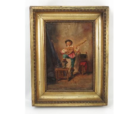 A canvas, over-painted print, bears signature Meissonier, cavalier playing a mandolin, 13ins x 9.5ins