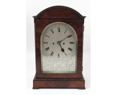 A Regency mahogany cased bracket clock, the eight day fusee movement with arched silvered dial, engraved R & C Bowman, Goswel