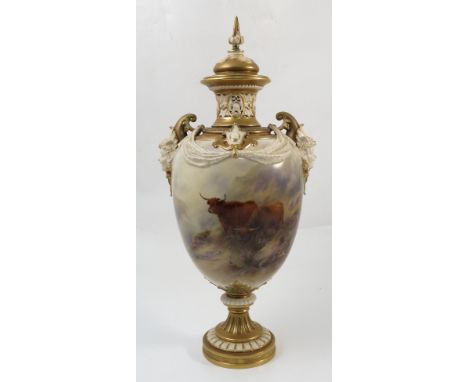 A Royal Worcester covered vase, with swags and masks, hand painted with Highland cattle by J Stinton, shape number 1407, tota