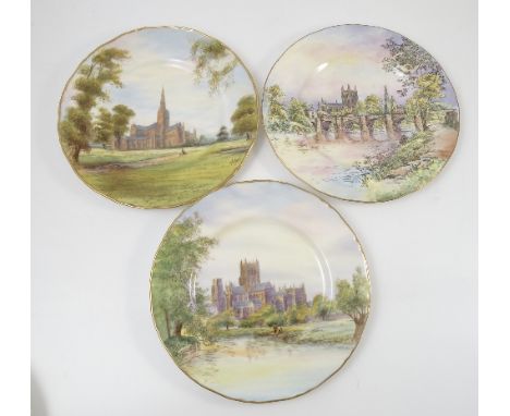 Three Royal Worcester printed painted plates, Hereford cathedral indistinctly signed, Salisbury Cathedral by W Roberts and We