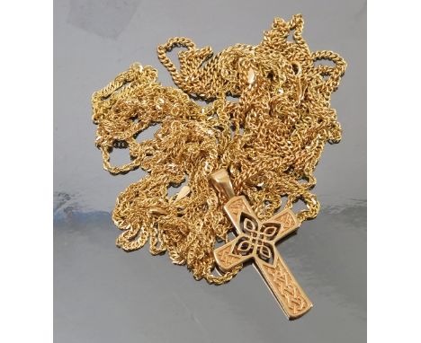 A 9ct gold Celtic design cross pendant, together with various gold chains