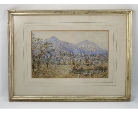 R Curzon, watercolour, Malvern, view across fields to Malvern town and hills, dated 1913, 10.75ins x 17.5ins 