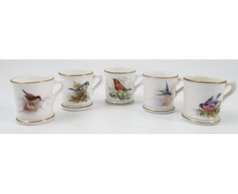 Five Royal Worcester miniature mugs, all decorated with different English birds on branches, dated 1900-1929, height 1.5ins