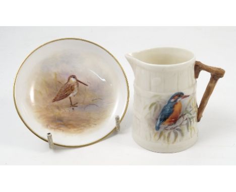 A Royal Worcester barrel moulded jug, hand painted with a kingfisher by W Powell, dated 1938, height 3ins, together with a Ro