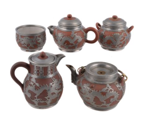  A Chinese pottery pewter mounted tea set  , with impressed marks, 1920s (5) Provenance:  Mr. Ko  who worked for the Chinese 