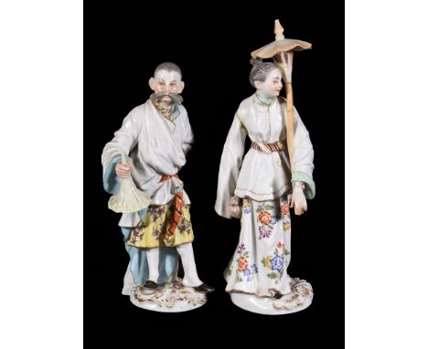  A pair Meissen figures of an Oriental man and woman,   first half 20th century,  blue crossed swords marks, incised   2676  