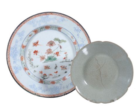  A Chinese celadon dish,   in Song Style, possibly 19th century, 15.5cm diameter and  a Chinese Famille Verte plate,   Kangxi