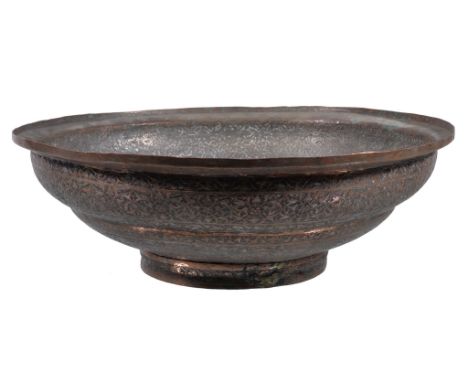  An Islamic tinned copper basin or cover  , Persia or Afghanistan, dated AH911/1505-1506 AD (?), of wide shallow form on rim 