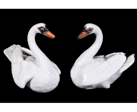  A pair Meissen models of swans,   first half 20th century, typically modelled after the originals by   J.J.Kandler,   blue c