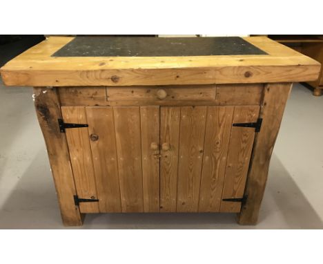 A vintage pine marble topped kitchen island with double sided cupboard and drawer. Interior has marble topped shelf. Approx. 