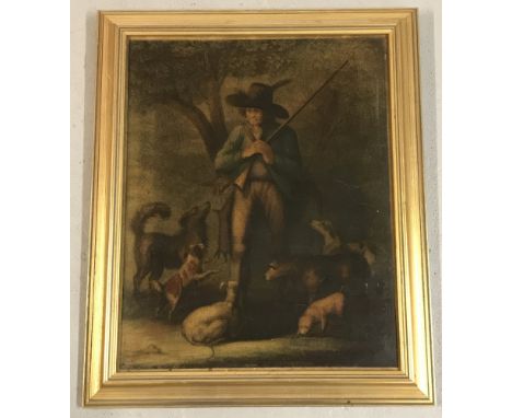A gilt framed oleograph on canvas depicting  a gamekeeper and his dogs.  Frame size approx. 52.5cm x 43.5cm.