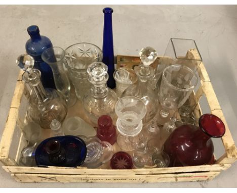 A box of assorted clear and coloured vintage and antique glass ware items. To include: etched Victorian decanter, Edinburgh C