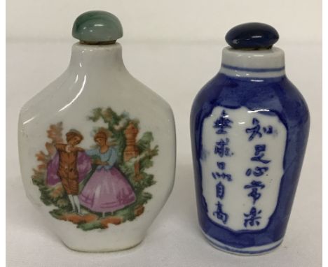 2 ceramic snuff bottles. One depicting a scene with classical figures with jade stopper, the other blue and white with orient