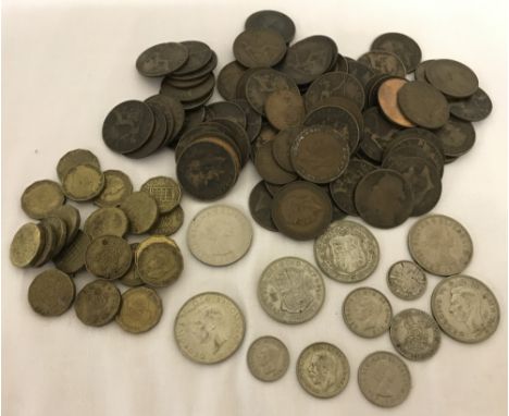 A collection of British antique and vintage coins. To include: Victorian pennies, George V silver half crown, one shilling an