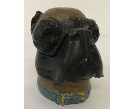 A cold painted, lidded trinket pot in the shape of a Boxer dog head.  Approx. 8.5cm tall.