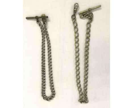 2 vintage white metal watch chains. One with t bar and lobster clasp the other with t bar. 