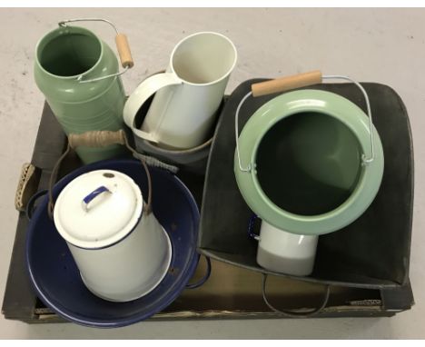 A collection of vintage &amp; modern enamelware. To include a variety of containers including a jug, colander and 3  churns w