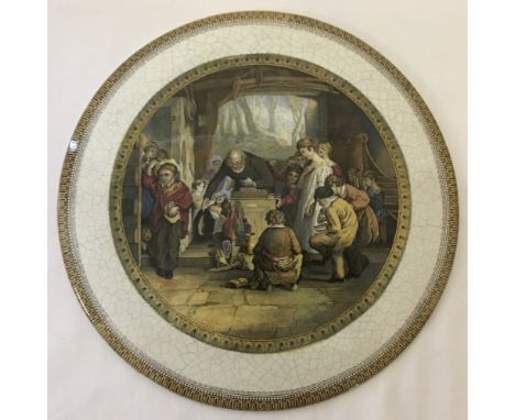 A large Pratt ware ceramic plaque "The Last In" by W Mutready. R.A. Depicting a school master and pupils. Approx. 29cm diamet
