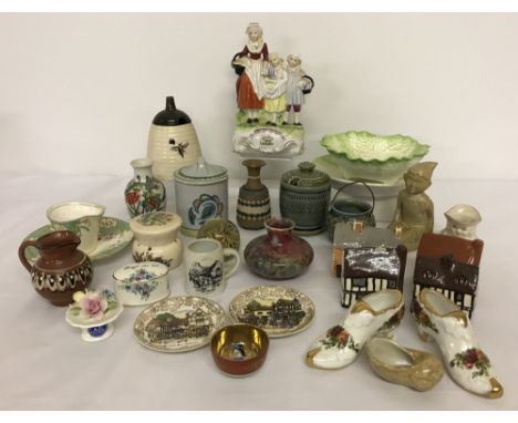 A collection of small vintage ceramics. To include: Wade Irish Porcelain preserve pot and cauldron, Midwinter miniature plate