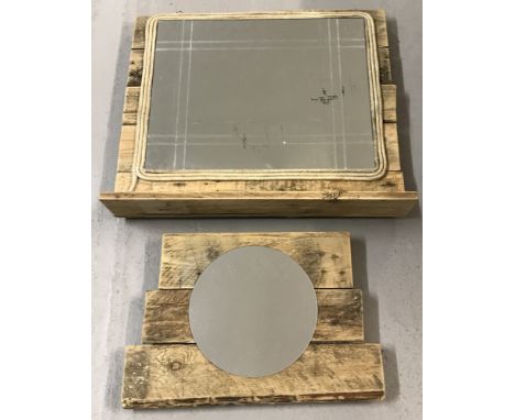 2 handmade rustic mirrors. A small circular mirror mounted on wooden boards, together with a square mirror mounted on wooden 