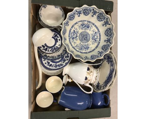 A collection of vintage mixed blue &amp; white ceramics. To include: dishes, jugs, cups, plates, saucers &amp; a large ladle.