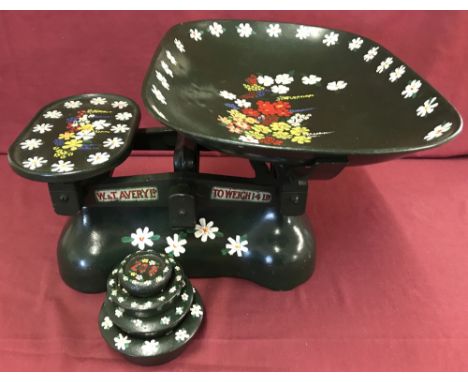 A vintage set of Avery large kitchen scales, hand-painted with flowers in barge style.  
