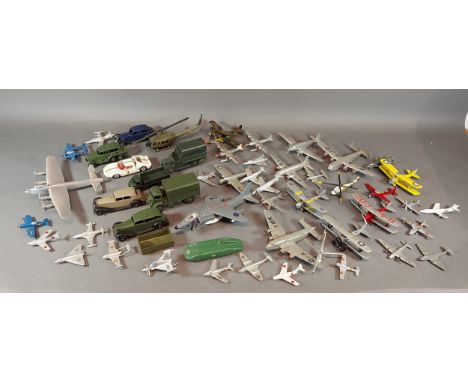 A Dinky Toys MG Record model car together with a collection of similar models to include aeroplanes 