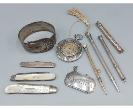 A 935 silver and enamel decorated fob watch by Fulton Watch Company together with various propelling pencils, a silver bangle