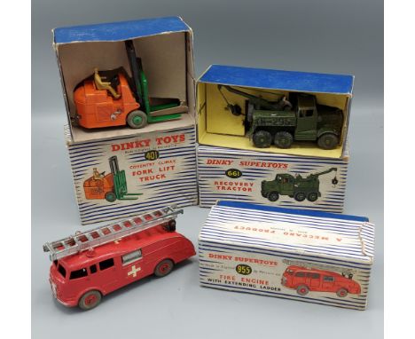 A Dinky Supertoys Fire Engine number 955 within original box together with another fork Lift Truck number 401 and another Rec