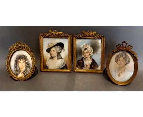 A pair of portrait miniatures of Miss Mary Robinson and Madame Bacelli, 9cms x 7.5cms together with a pair of oval portrait m