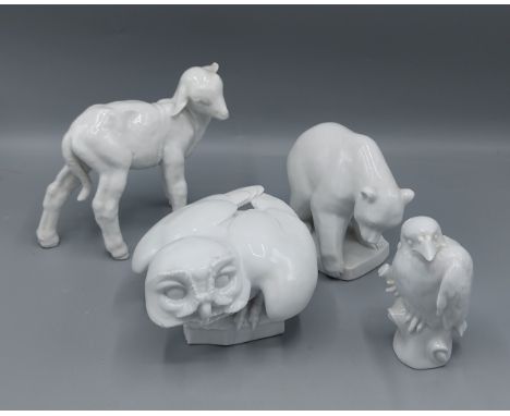 A Meissen porcelain model of an owl together with three other Meissen porcelain models of animals 
