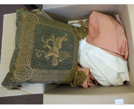 A box of curtains and cushions plus a gilt wall mirror