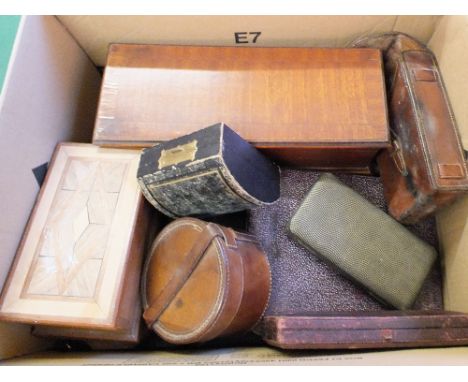 A leather cased hip flask plus miscellaneous boxes