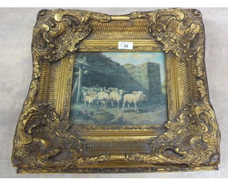 Two sheep and seascape pictures in heavy gilt frames