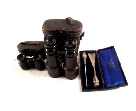 Binoculars, opera glasses plus a silver handled button hook