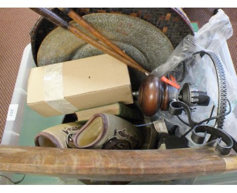 A box containing brass ware, light fitting etc
